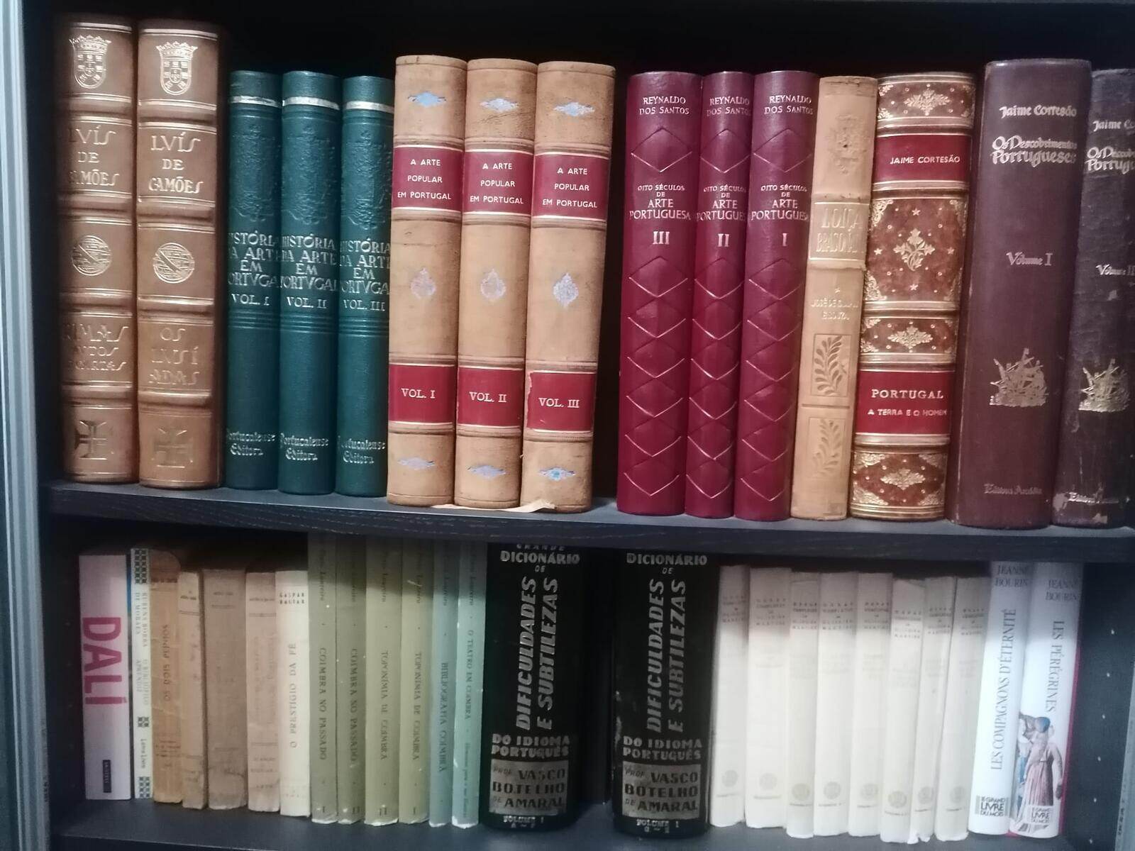 Colecção de livros antigos e encadernações numa estante
